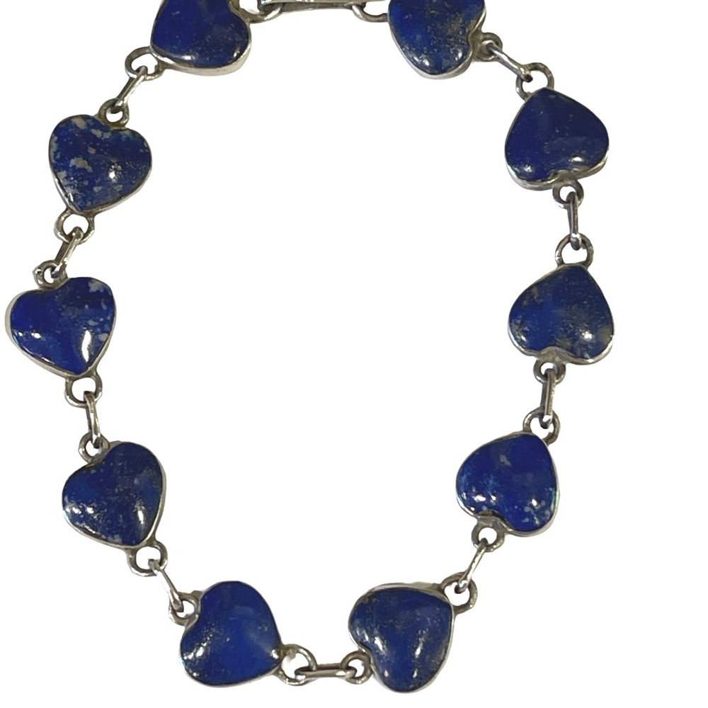 Vintage Chilean Lapis and 95% Silver Heart Bracelet